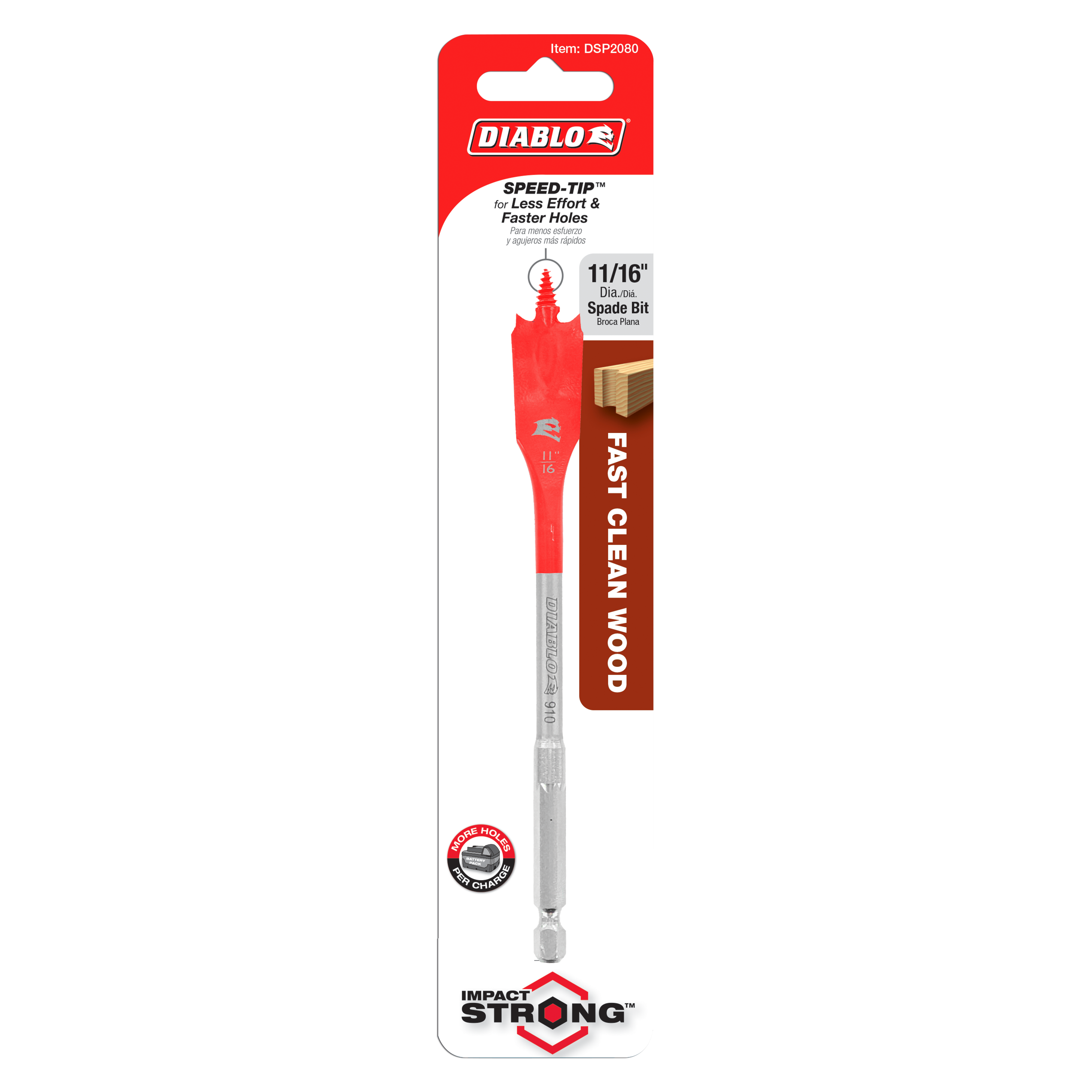 Red and gray Diablo spade bit with 11/16 inch diameter head on retail packaging card.