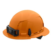 Orange hard hat with full brim, vented crown, black suspension straps, and ratcheting adjustment mechanism on side.