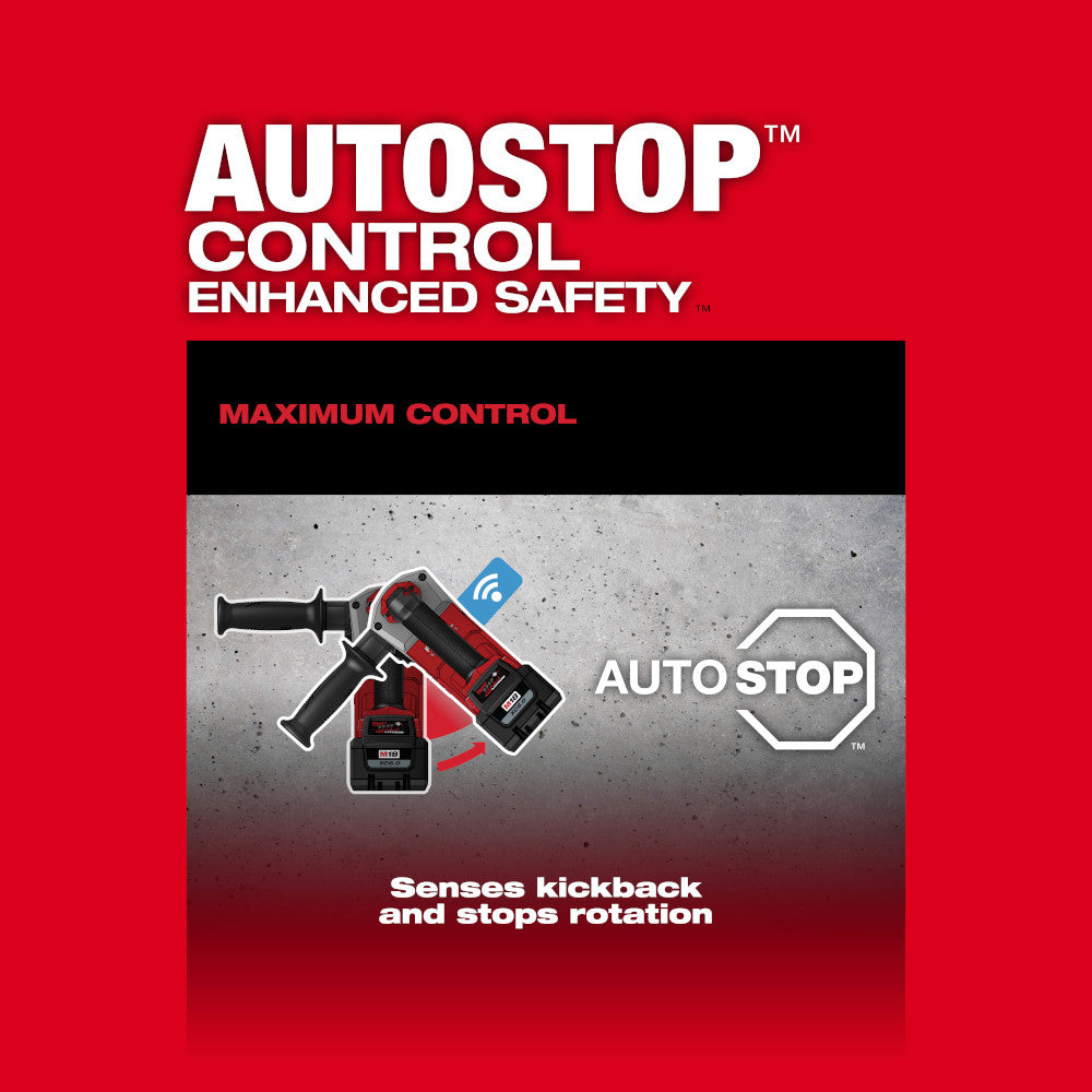 Milwaukee M18 FUEL rotary hammer with dust extractor kit, displayed with AutoStop Control safety feature information on red b