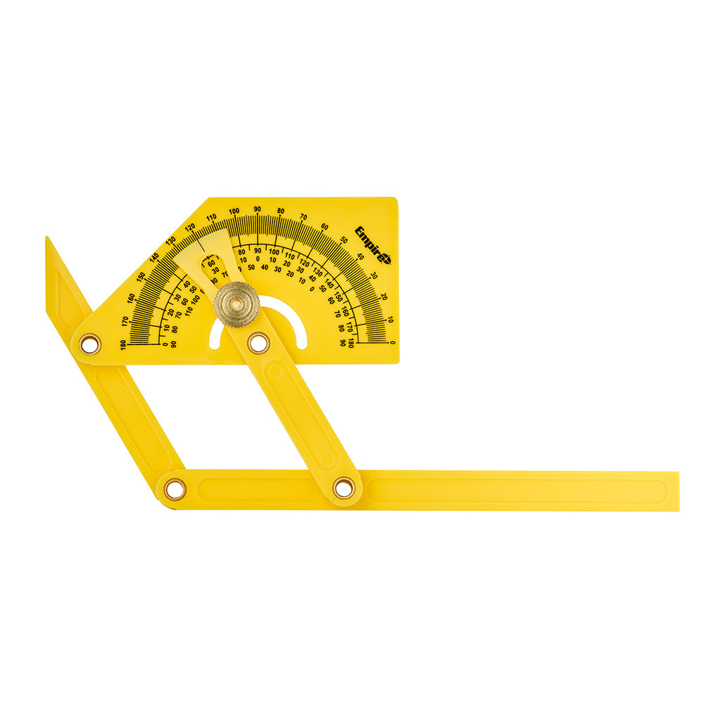 Yellow protractor/angle finder with dual articulating arms and degree markings on circular scale.