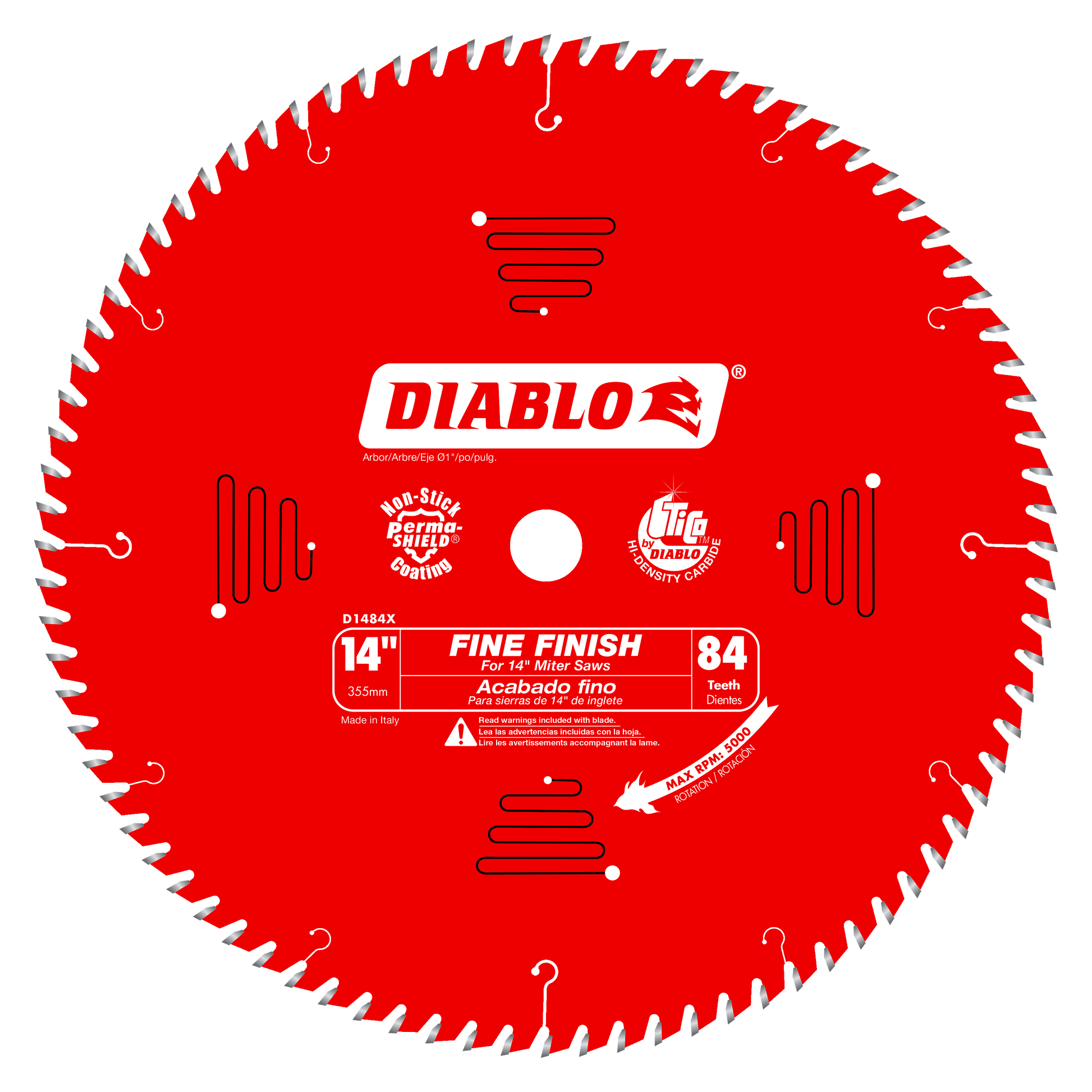 Red circular saw blade with 84 white teeth around the edge and Diablo branding in center.