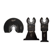 Three Milwaukee OPEN-LOK wood cutting multi-tool blades in different shapes: semi-circular, narrow oscillating, and wide osci