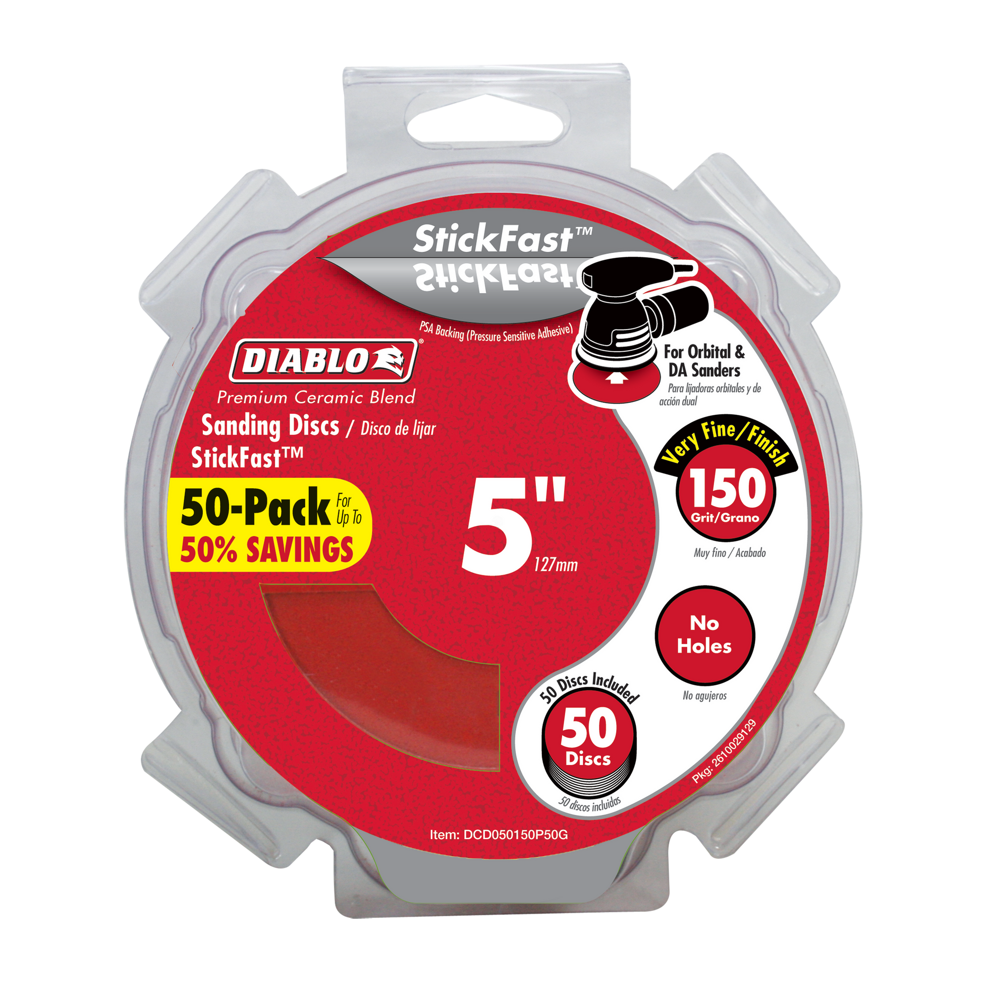 5-inch Diablo StickFast 150-grit sanding discs in clear plastic clamshell packaging with red label.