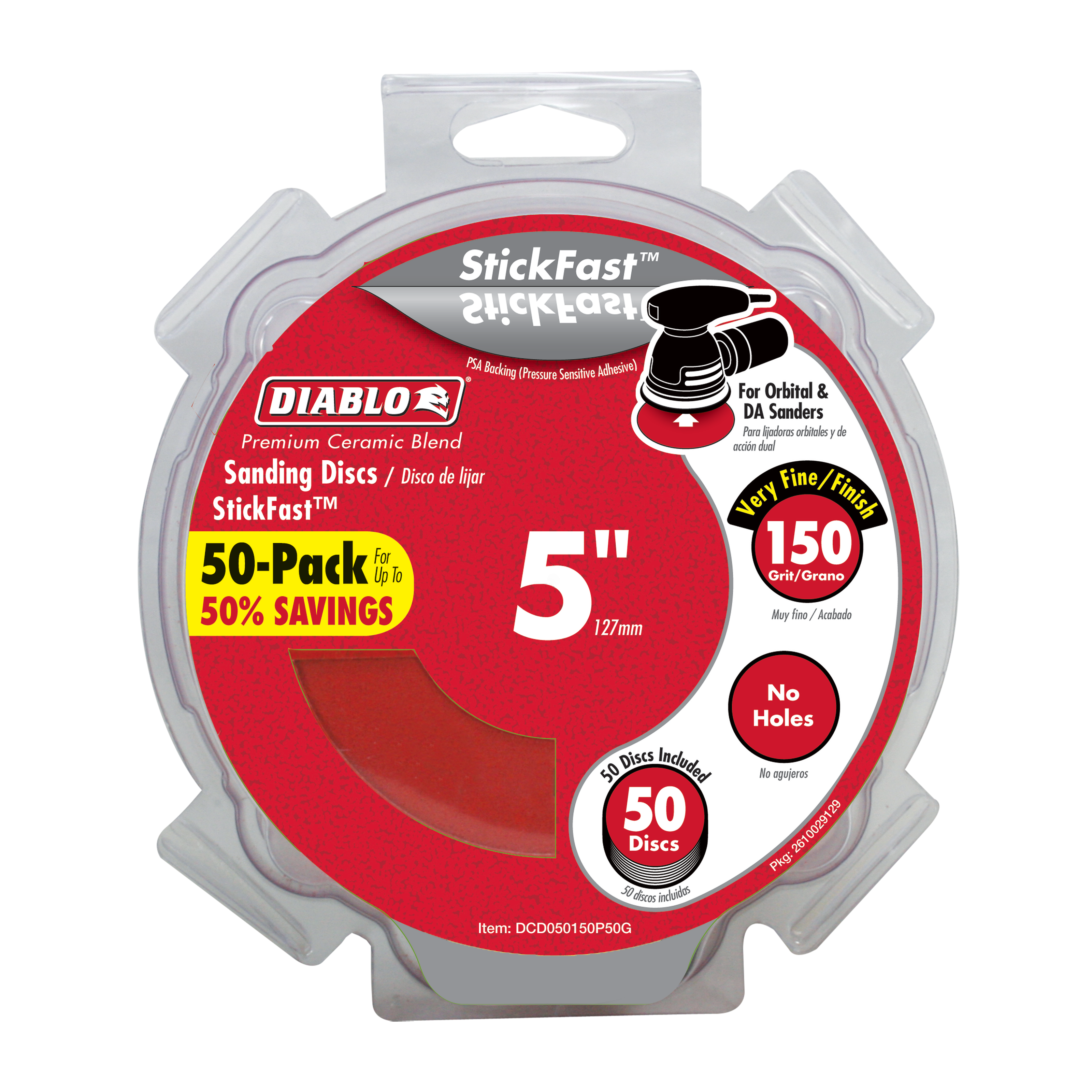 5-inch Diablo StickFast 150-grit sanding discs in clear plastic clamshell packaging with red label.