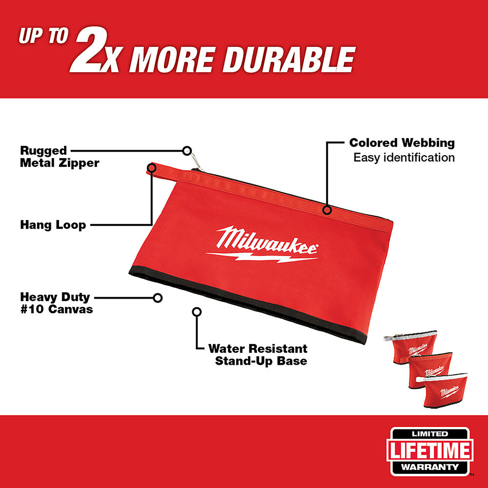 Three red canvas pouches with metal zippers, hang loops, and black water-resistant bases labeled Milwaukee.