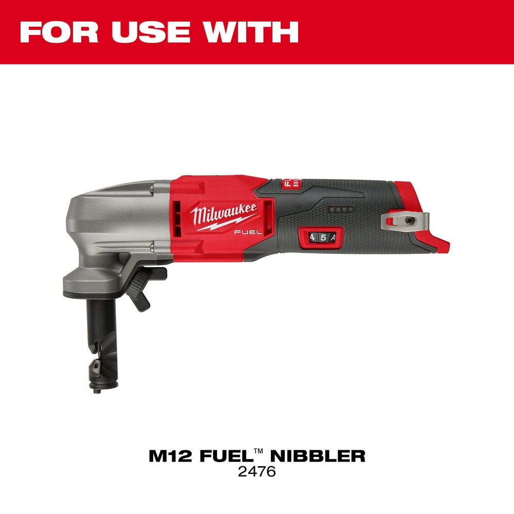 Milwaukee M12 FUEL red and black cordless nibbler tool with metal die holder and trigger grip.
