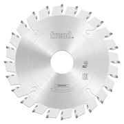 Freud 100mm conical scoring saw blade with silver-coated teeth and center arbor hole.