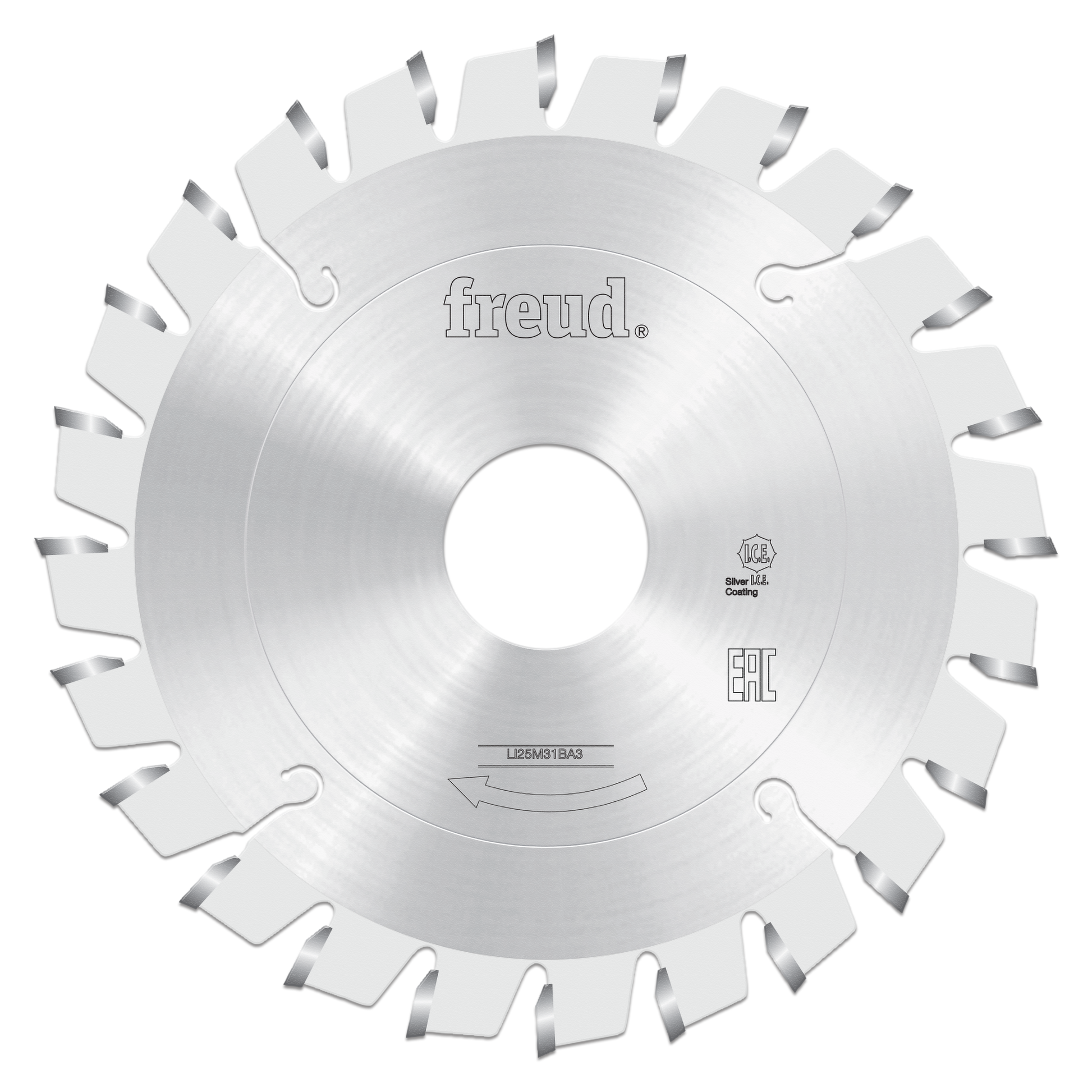 Freud 100mm conical scoring saw blade with silver-coated teeth and center arbor hole.