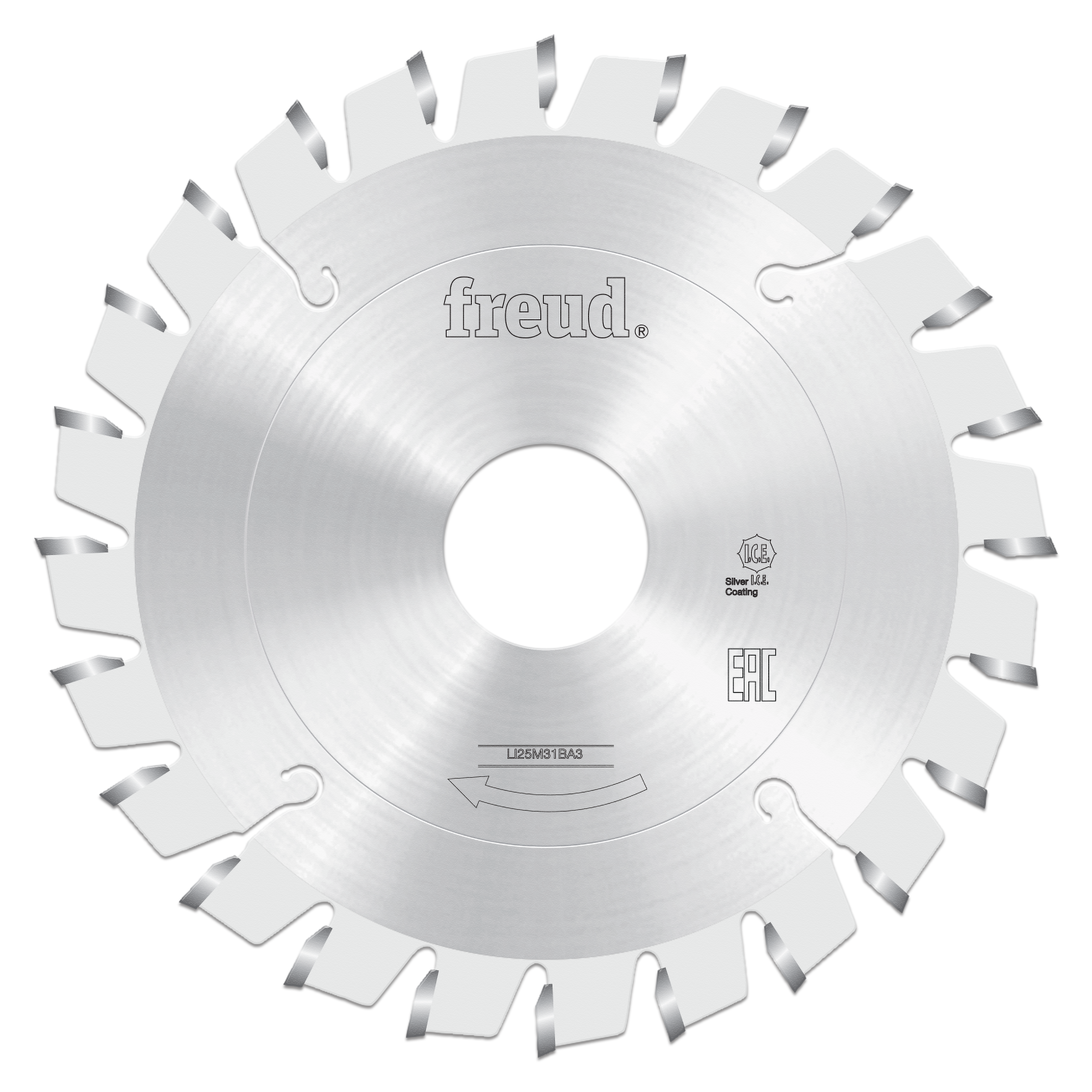 Freud 100mm conical scoring saw blade with silver-coated teeth and center arbor hole.
