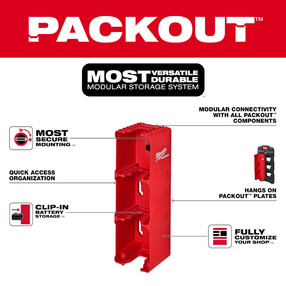 Red Milwaukee PACKOUT M18 battery rack with vertical storage slots and clip-in battery compartments.