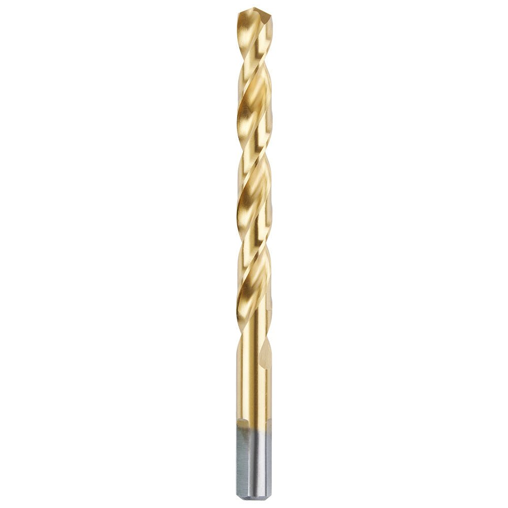 Gold titanium coated twist drill bit with spiraled flutes and cylindrical shank against white background.