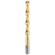 Gold titanium coated twist drill bit with spiraled flutes and cylindrical shank against white background.