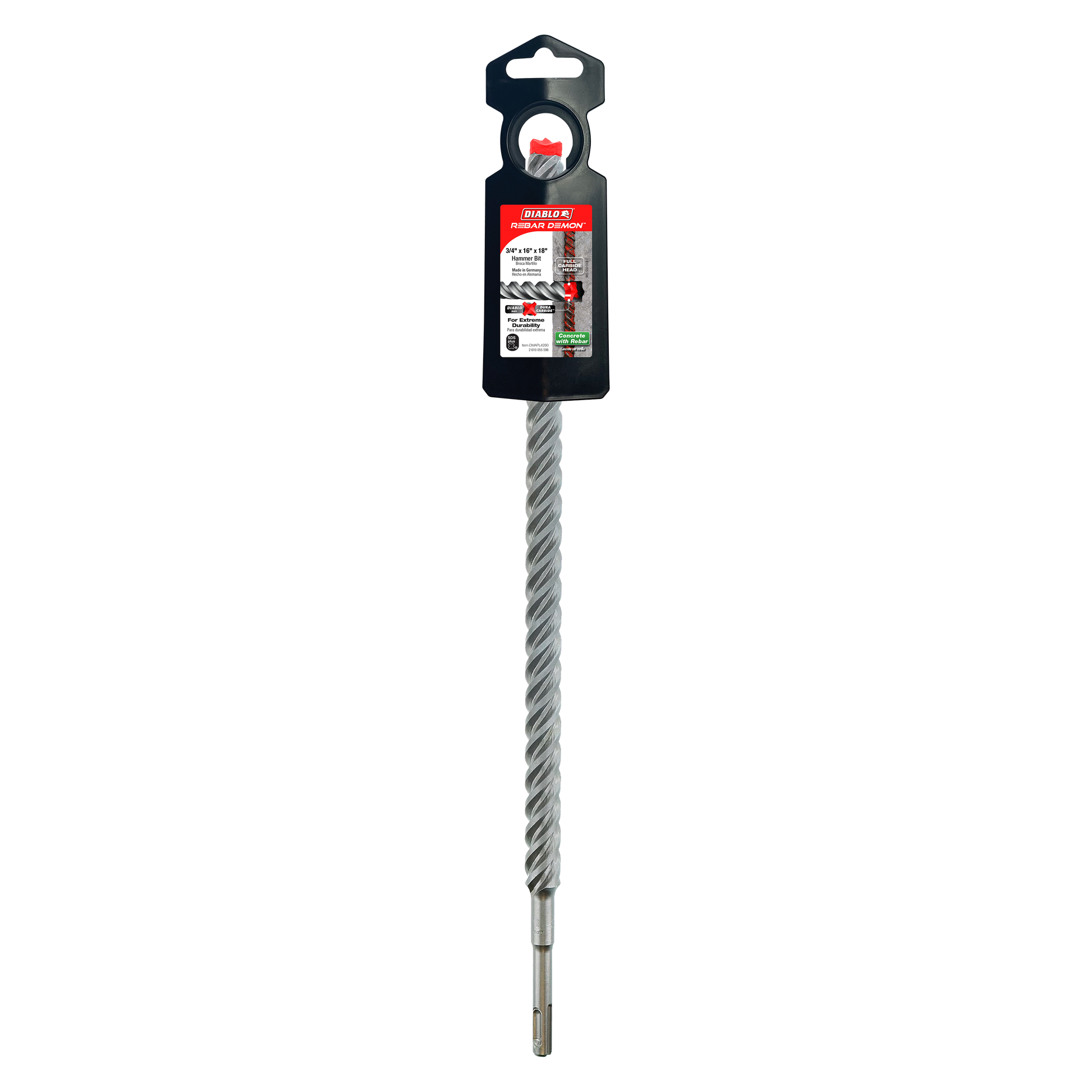 Diablo Rebar Demon SDS-Plus hammer drill bit with spiral flutes, carbide cutting head, and black packaging.