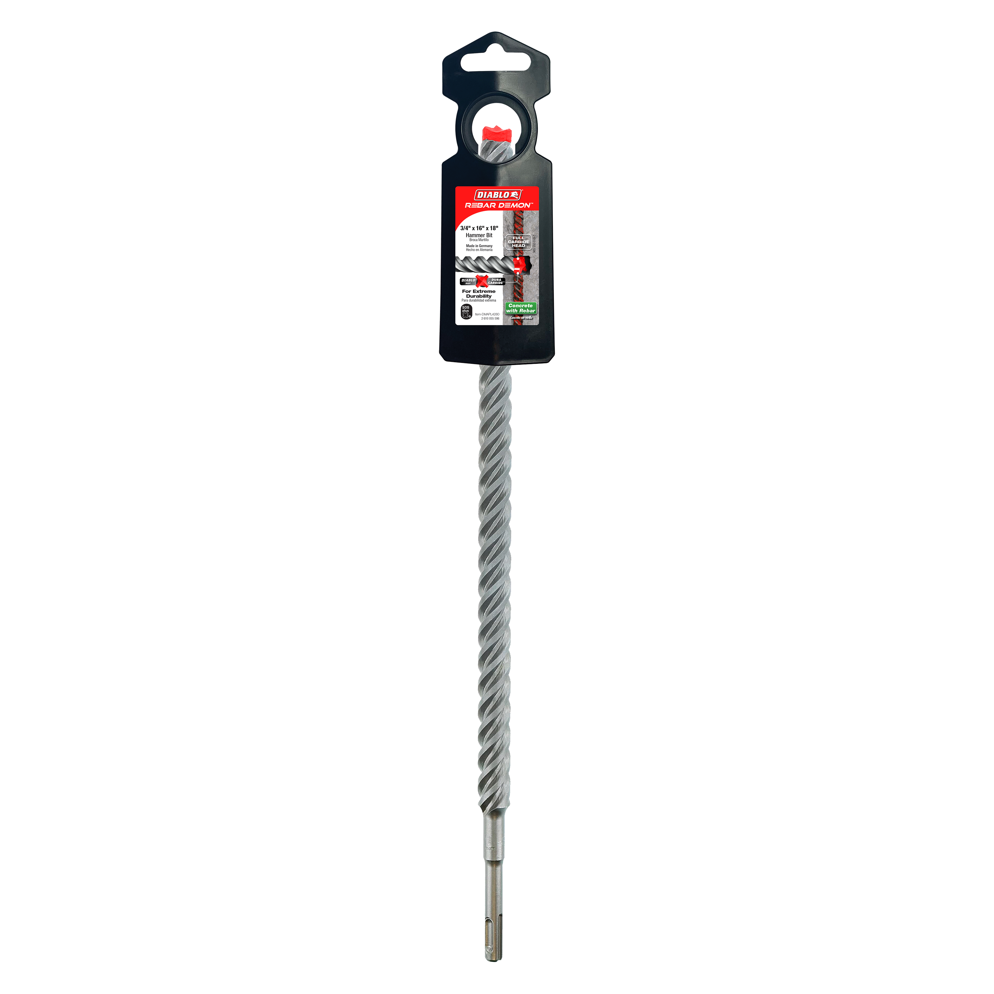 Diablo Rebar Demon SDS-Plus hammer drill bit with spiral flutes, carbide cutting head, and black packaging.