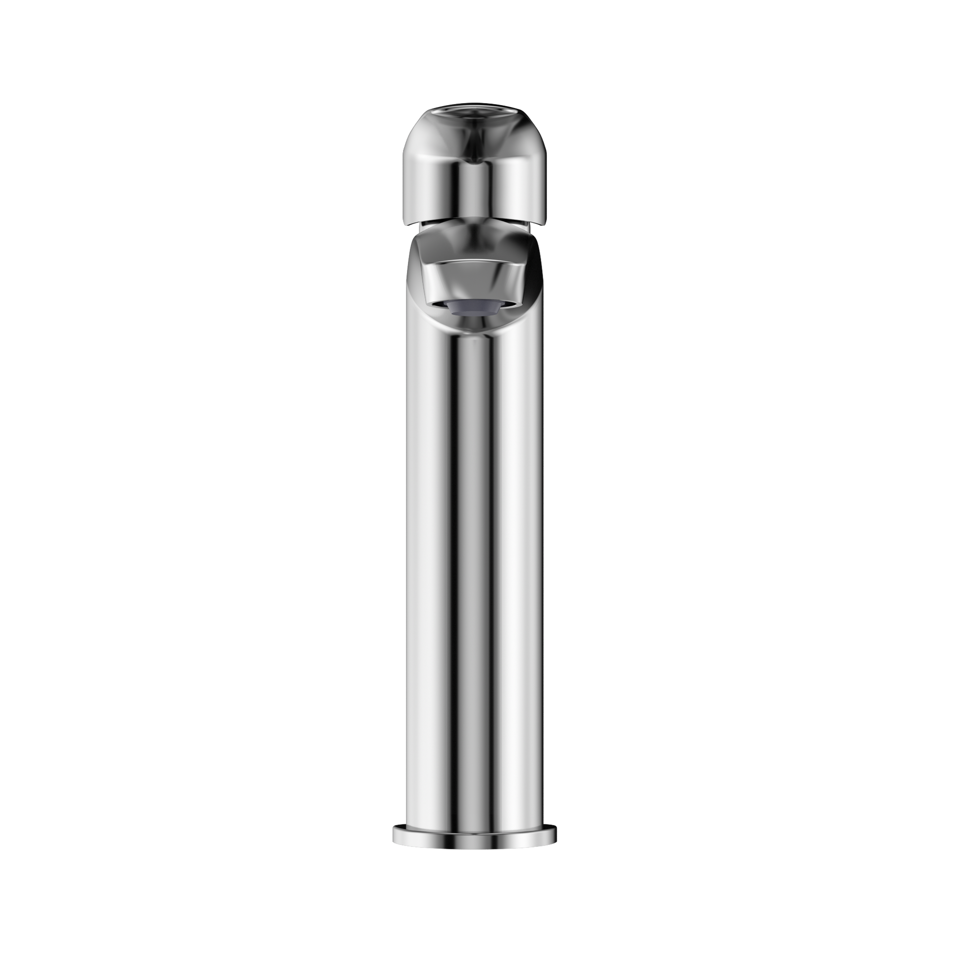 Polished chrome single-handle bathroom sink faucet with tall cylindrical spout and rounded cap design.