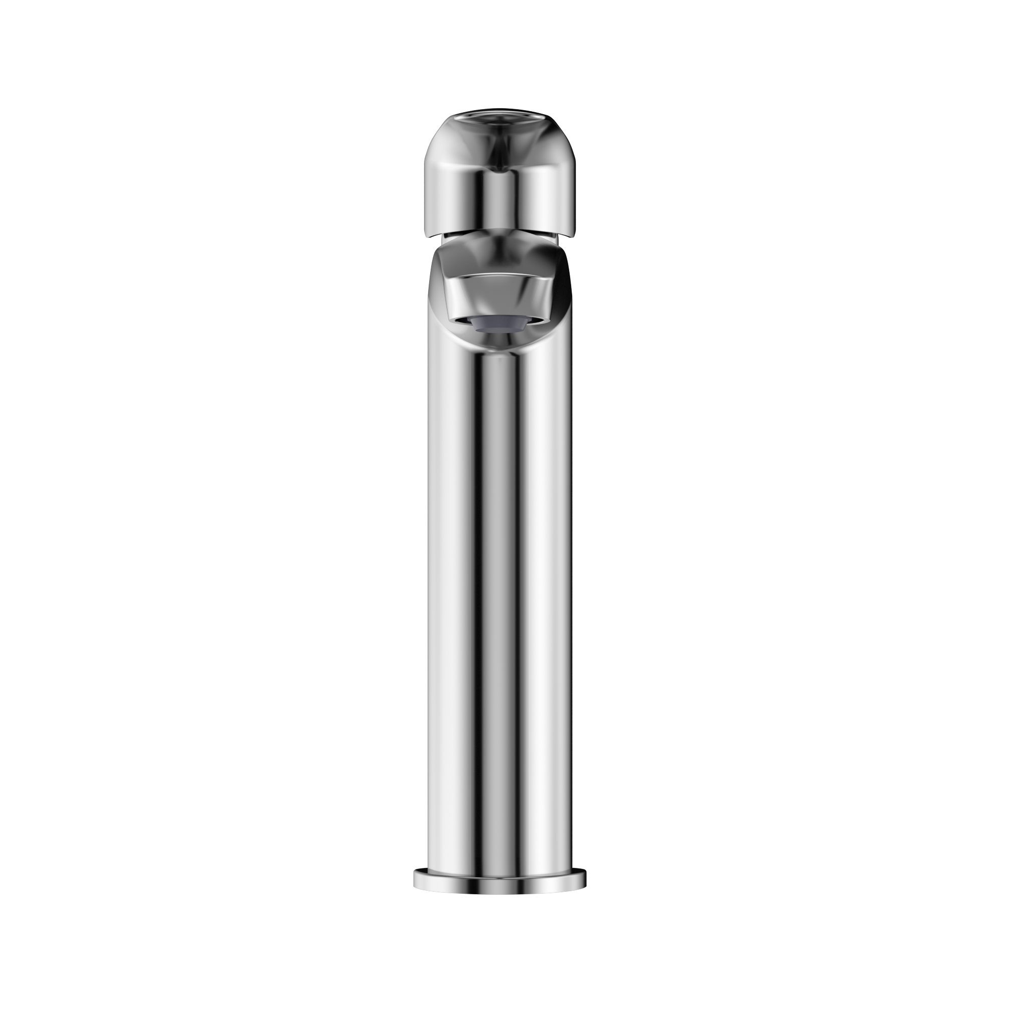 Polished chrome single-handle bathroom sink faucet with tall cylindrical spout and rounded cap design.