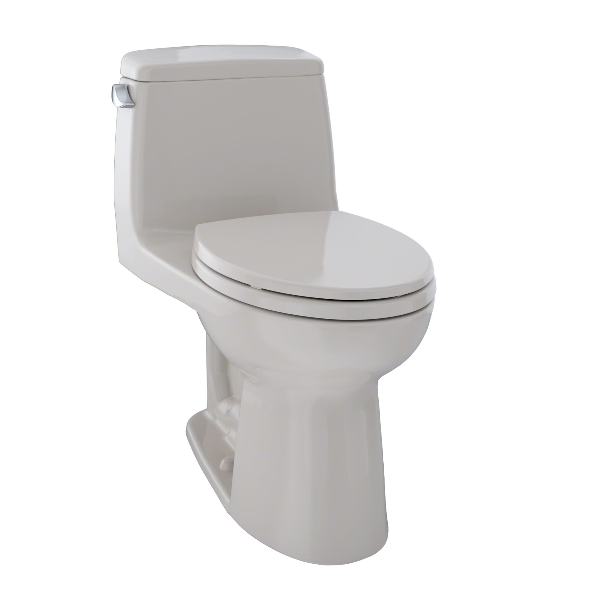 One-piece elongated toilet in beige with closed soft-close seat and integrated tank.