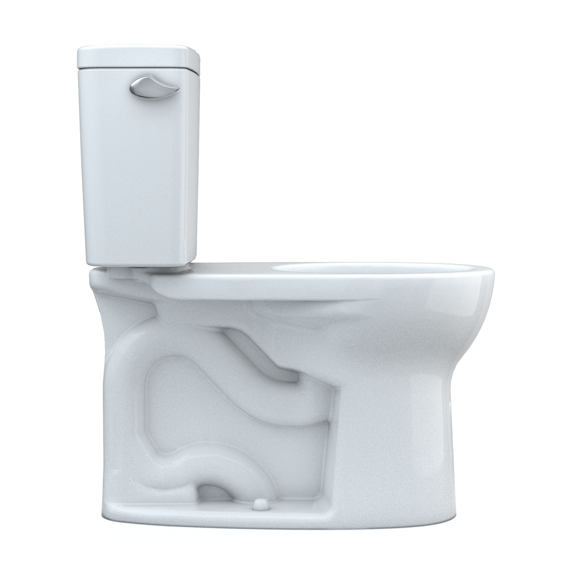 Cotton white two-piece toilet with round bowl, separate tank, and curved lever handle.