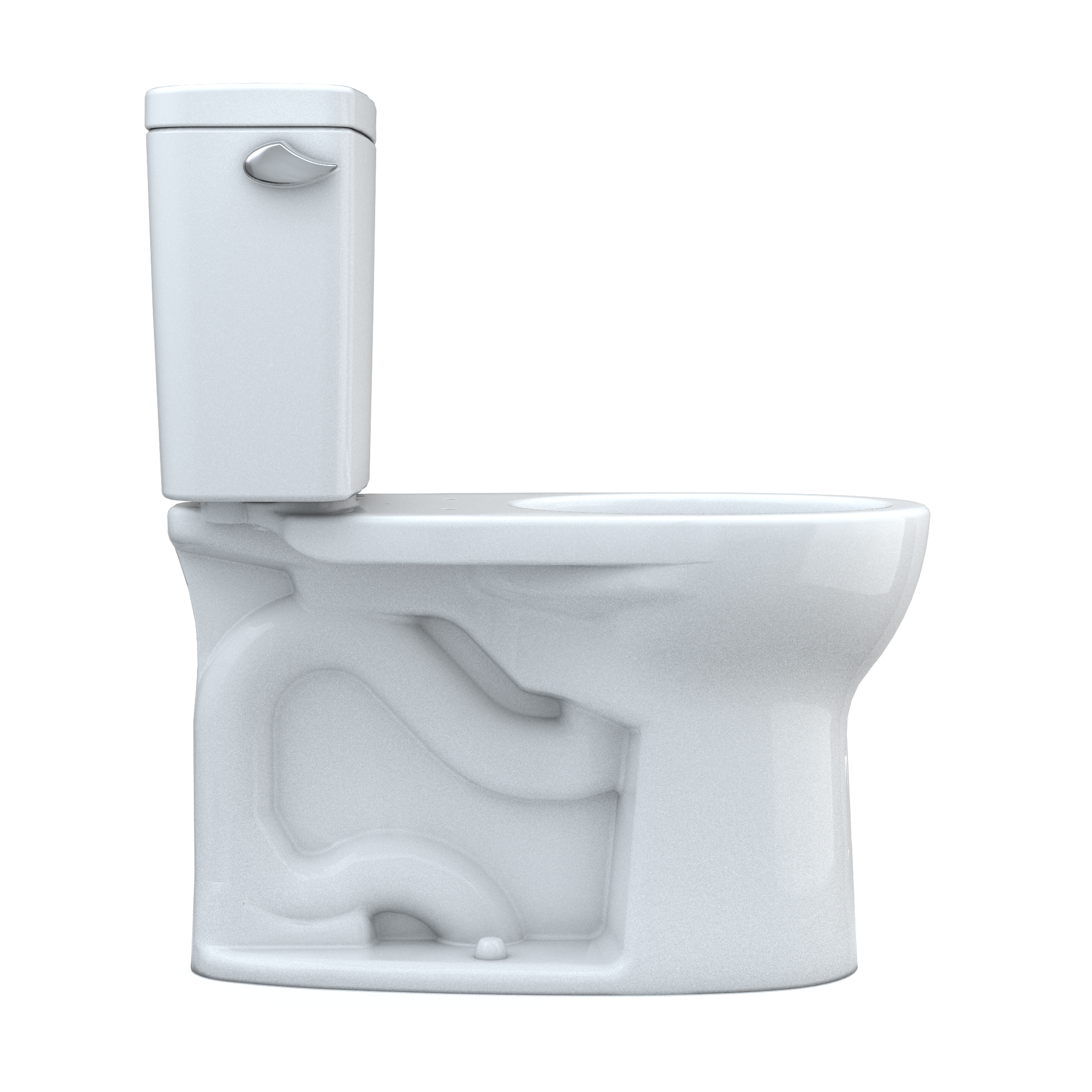 Cotton white two-piece toilet with round bowl, separate tank, and curved lever handle.