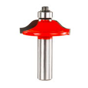 Red and silver router bit with rounded cap-style cutting head and metal shank with bearing assembly.