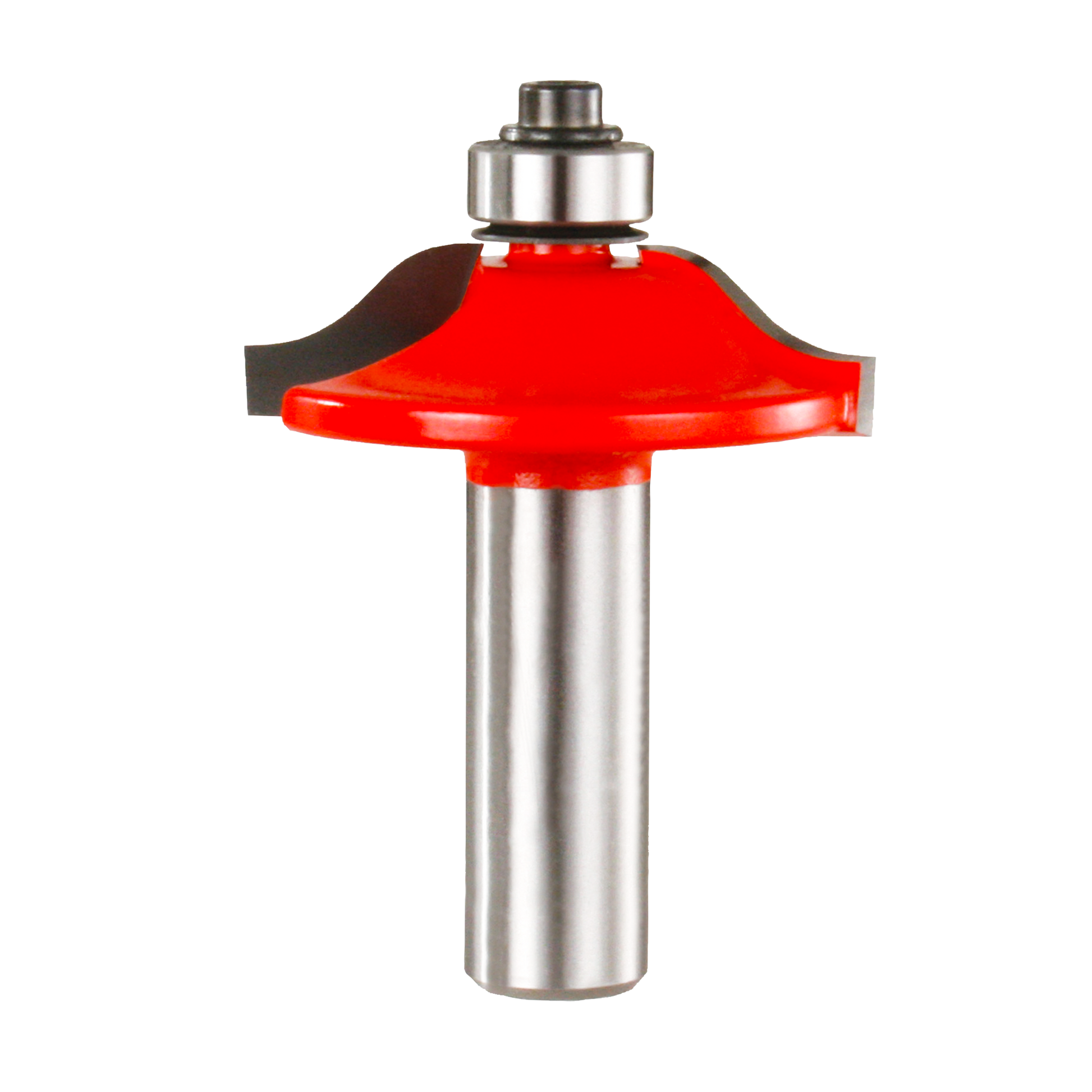 Red and silver router bit with rounded cap-style cutting head and metal shank with bearing assembly.