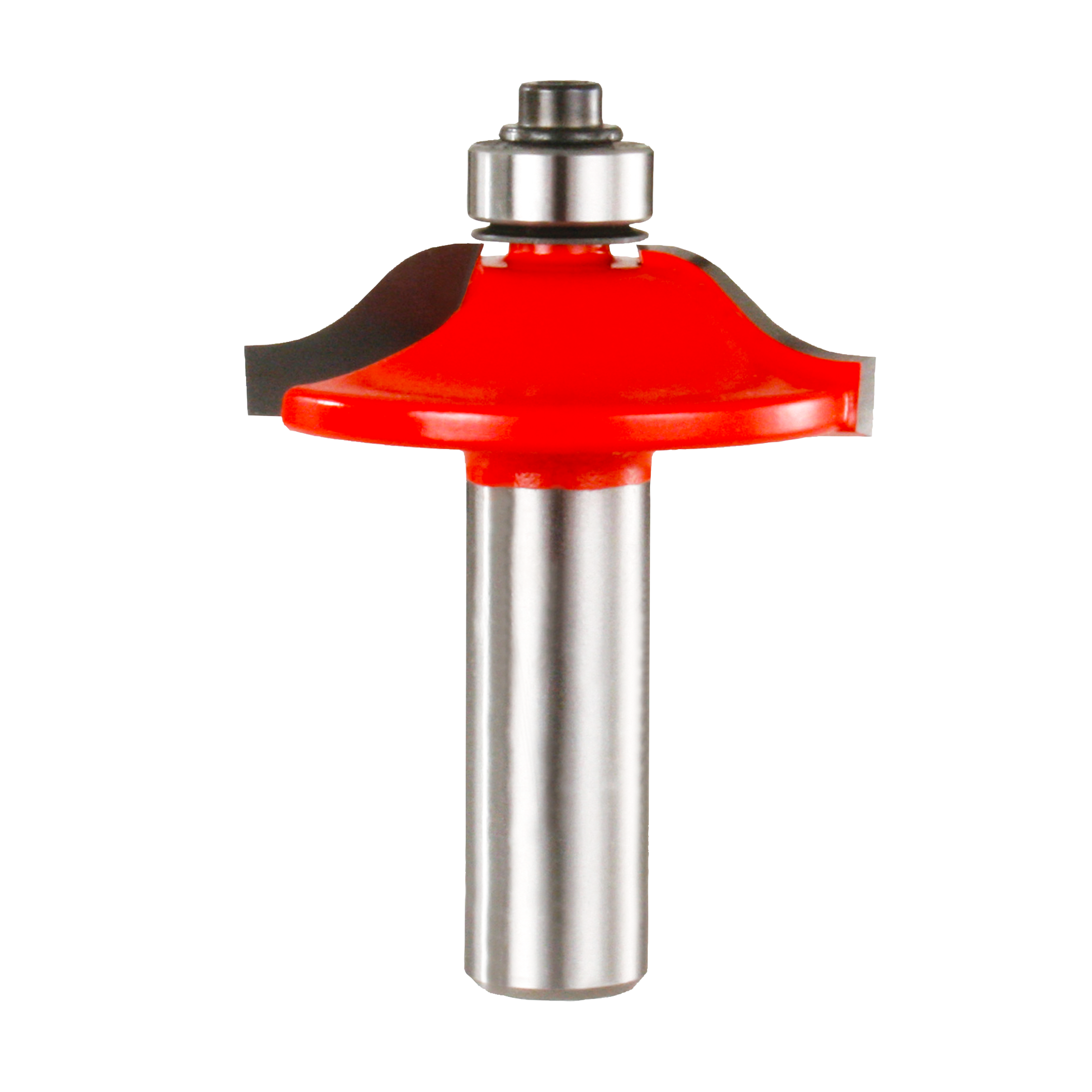 Red and silver router bit with rounded cap-style cutting head and metal shank with bearing assembly.