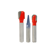 Three CNC router bits with metal shanks and red or blue cutting heads of varying shapes for lettering and sign work.