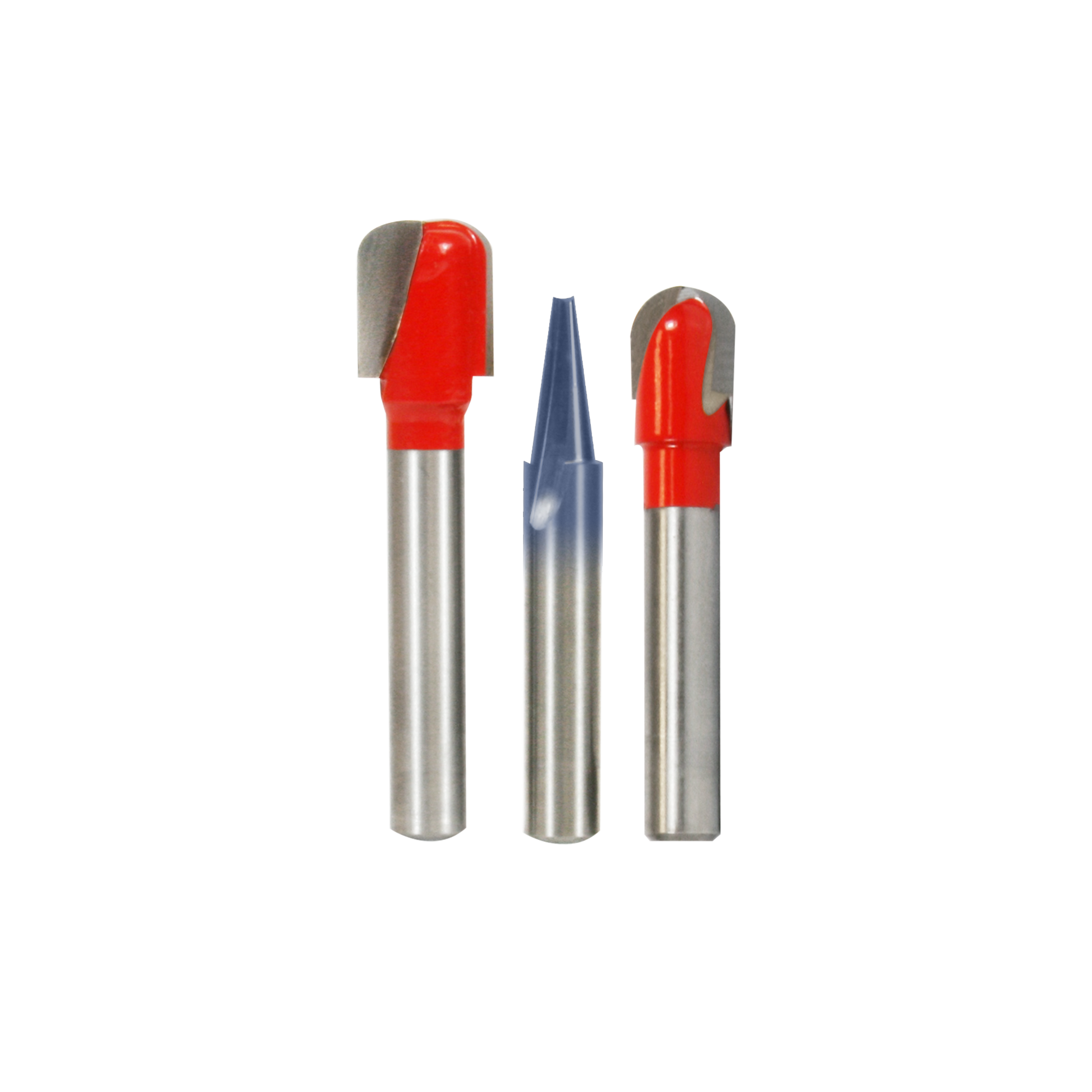 Three CNC router bits with metal shanks and red or blue cutting heads of varying shapes for lettering and sign work.