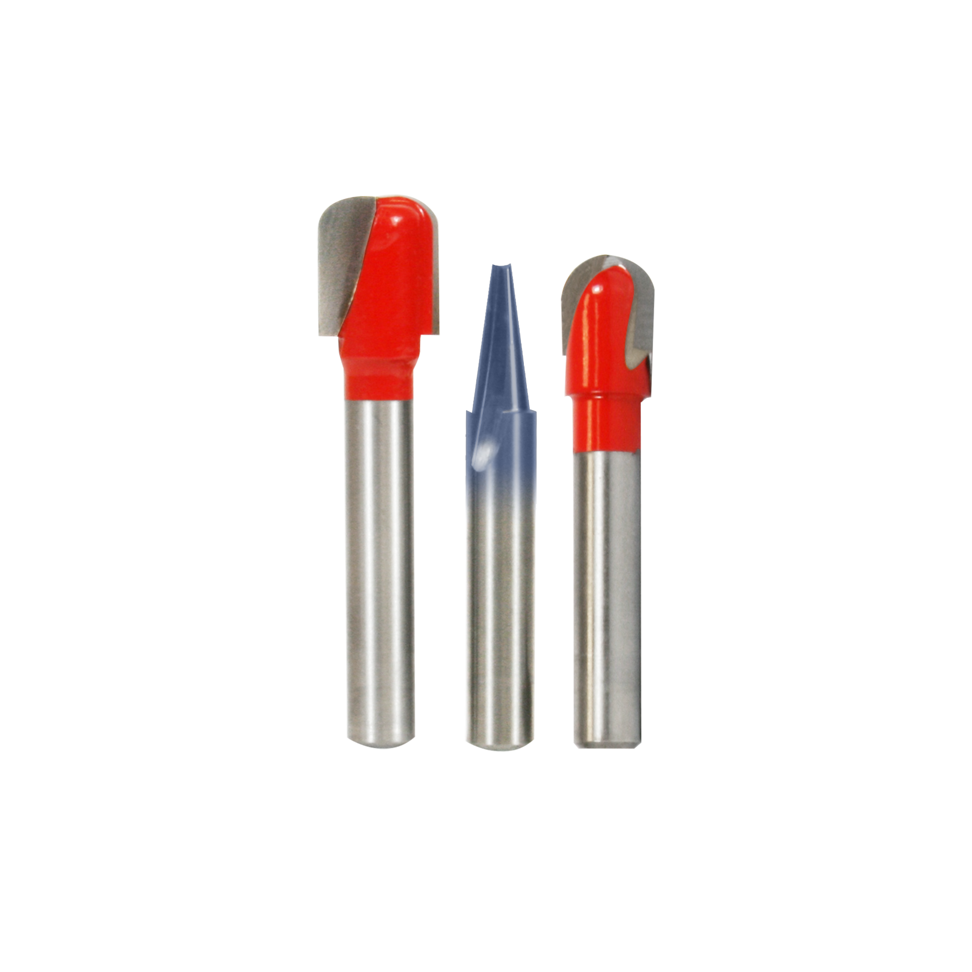 Three CNC router bits with metal shanks and red or blue cutting heads of varying shapes for lettering and sign work.