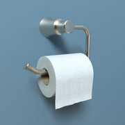 Brushed nickel toilet paper holder with curved arm and mounting bracket, holding white toilet paper roll.