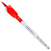 Red spade bit with serrated edges, silver metal shaft, and hex drive end for drilling through wood and nails.