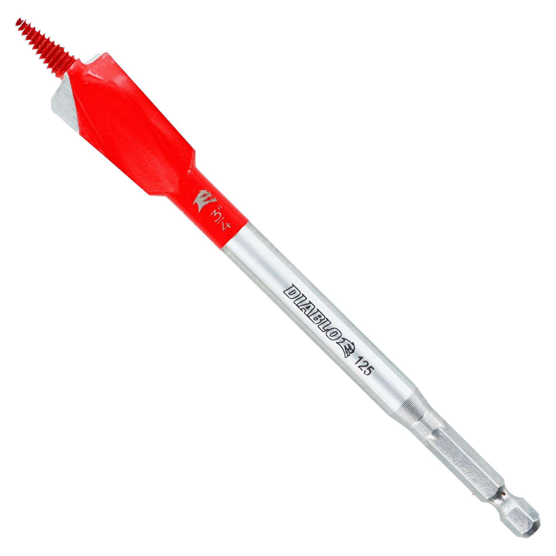 Red spade bit with serrated edges, silver metal shaft, and hex drive end for drilling through wood and nails.