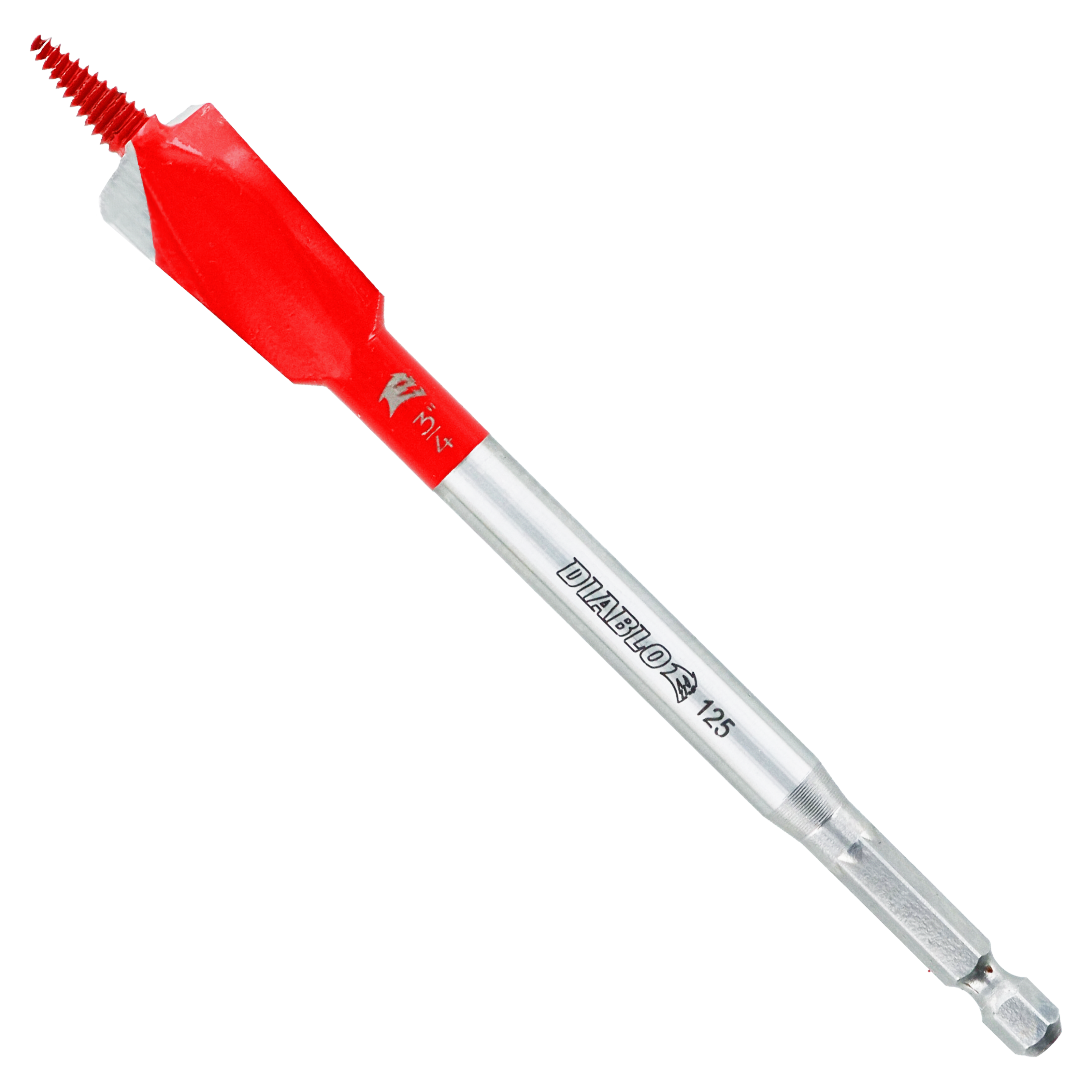 Red spade bit with serrated edges, silver metal shaft, and hex drive end for drilling through wood and nails.