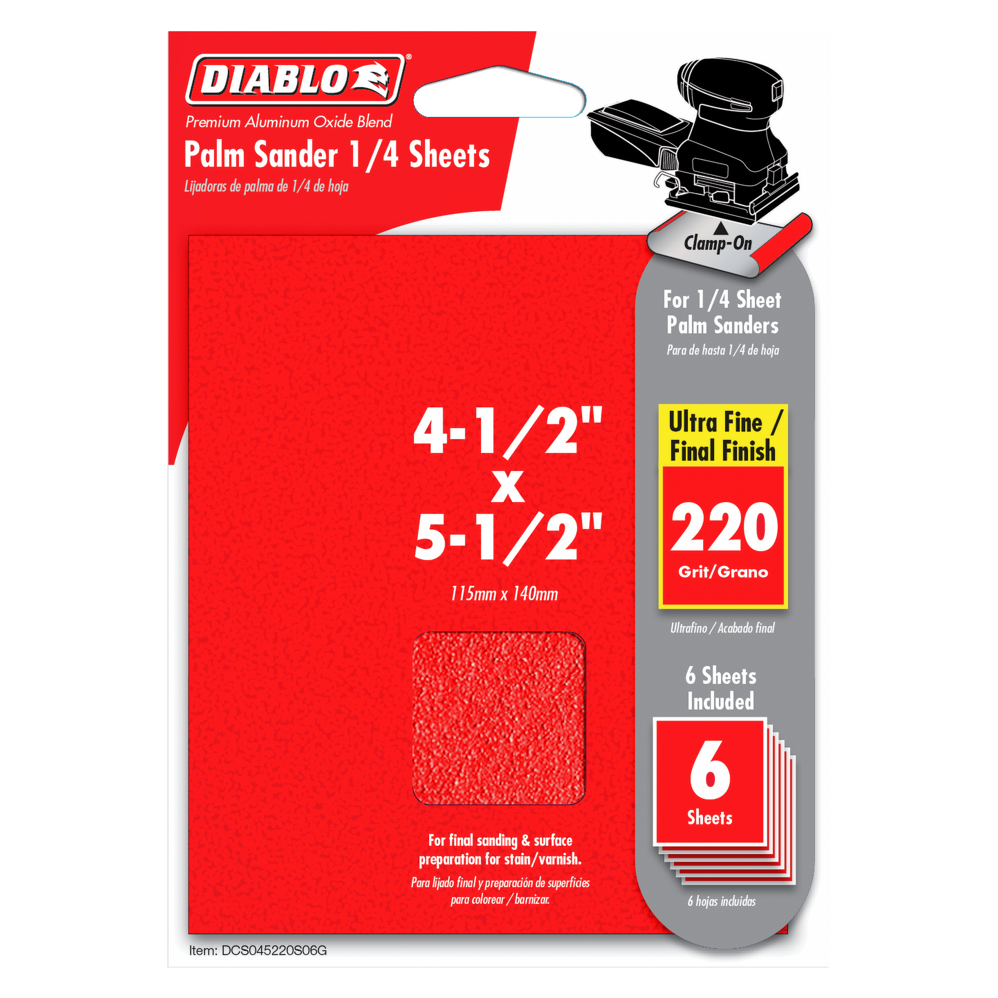 Diablo 220-grit sanding sheets, 4-1/2 x 5-1/2 inches, 6-pack for 1/4 sheet palm sanders.