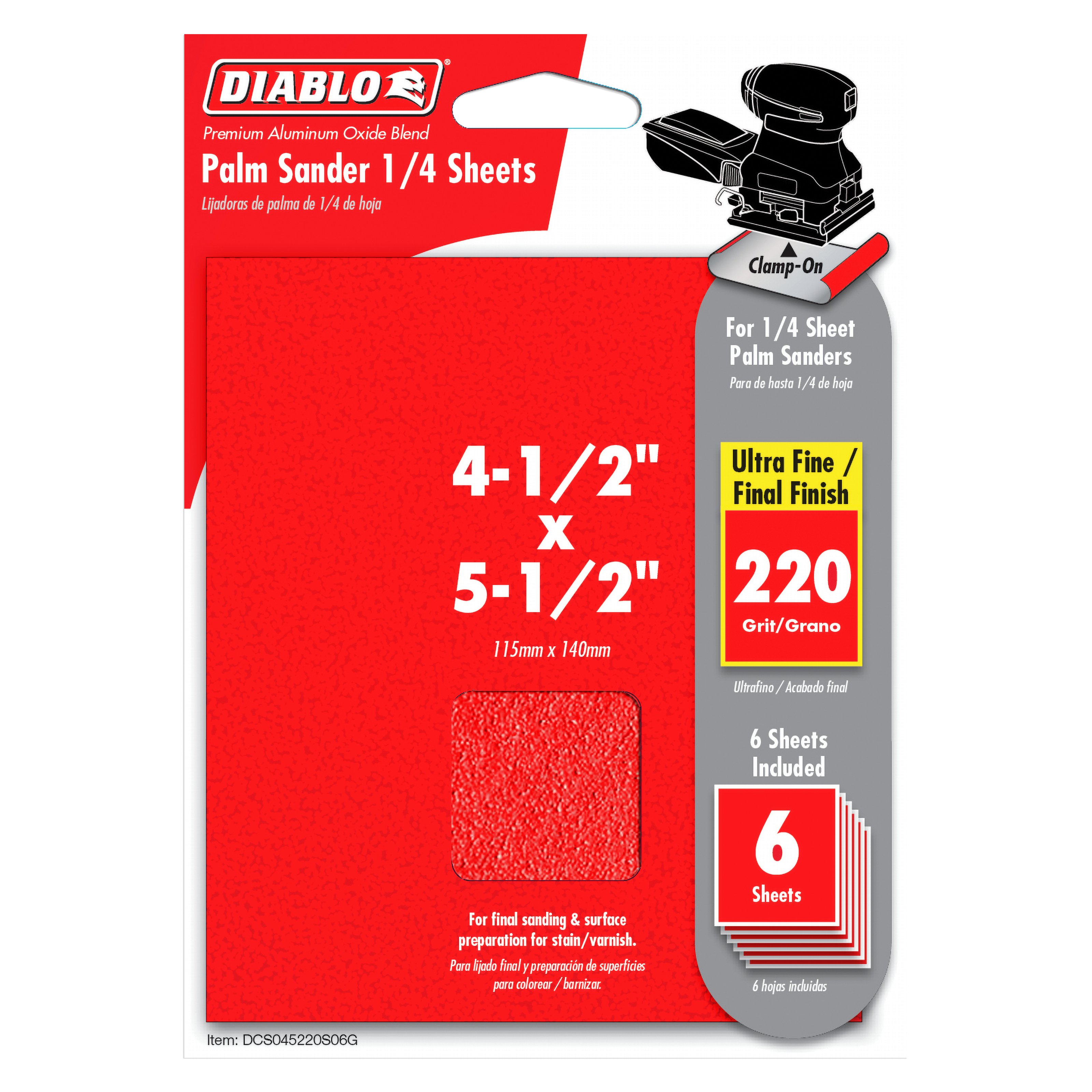 Diablo 220-grit sanding sheets, 4-1/2 x 5-1/2 inches, 6-pack for 1/4 sheet palm sanders.