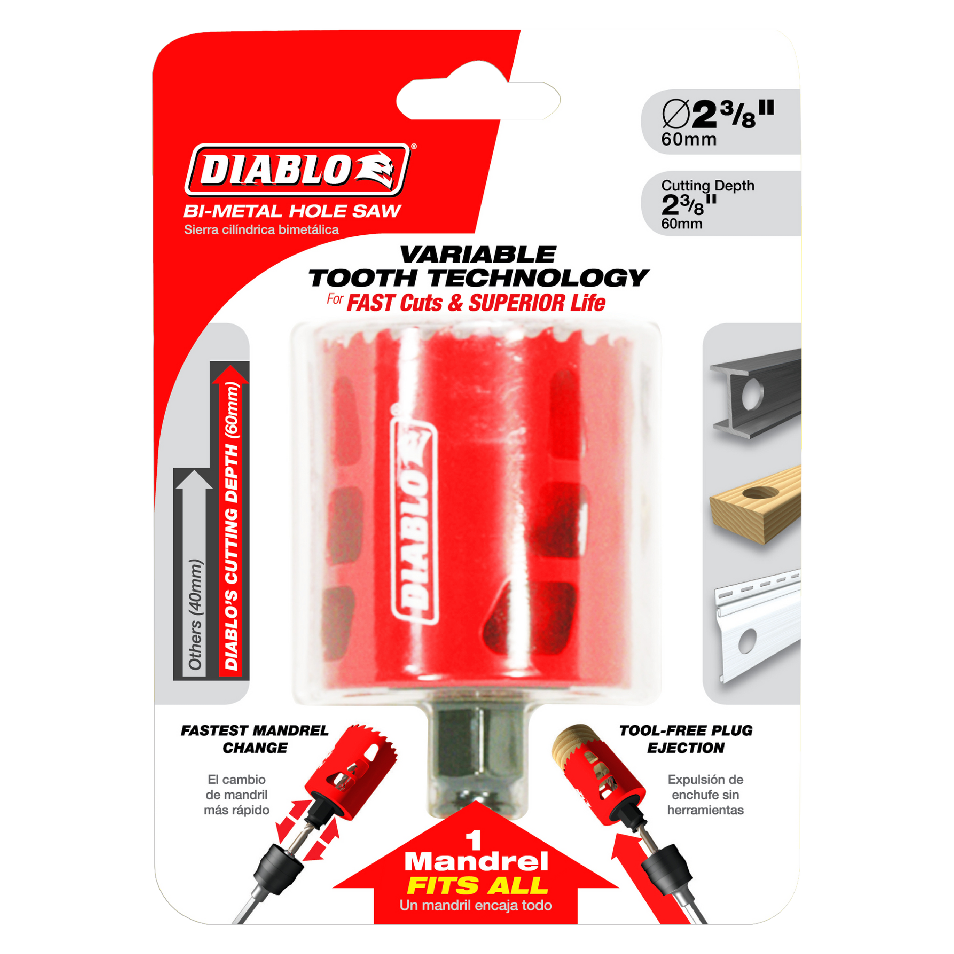 Diablo 2-3/8 inch bi-metal hole saw with red housing, variable tooth technology, and tool-free plug ejection system.