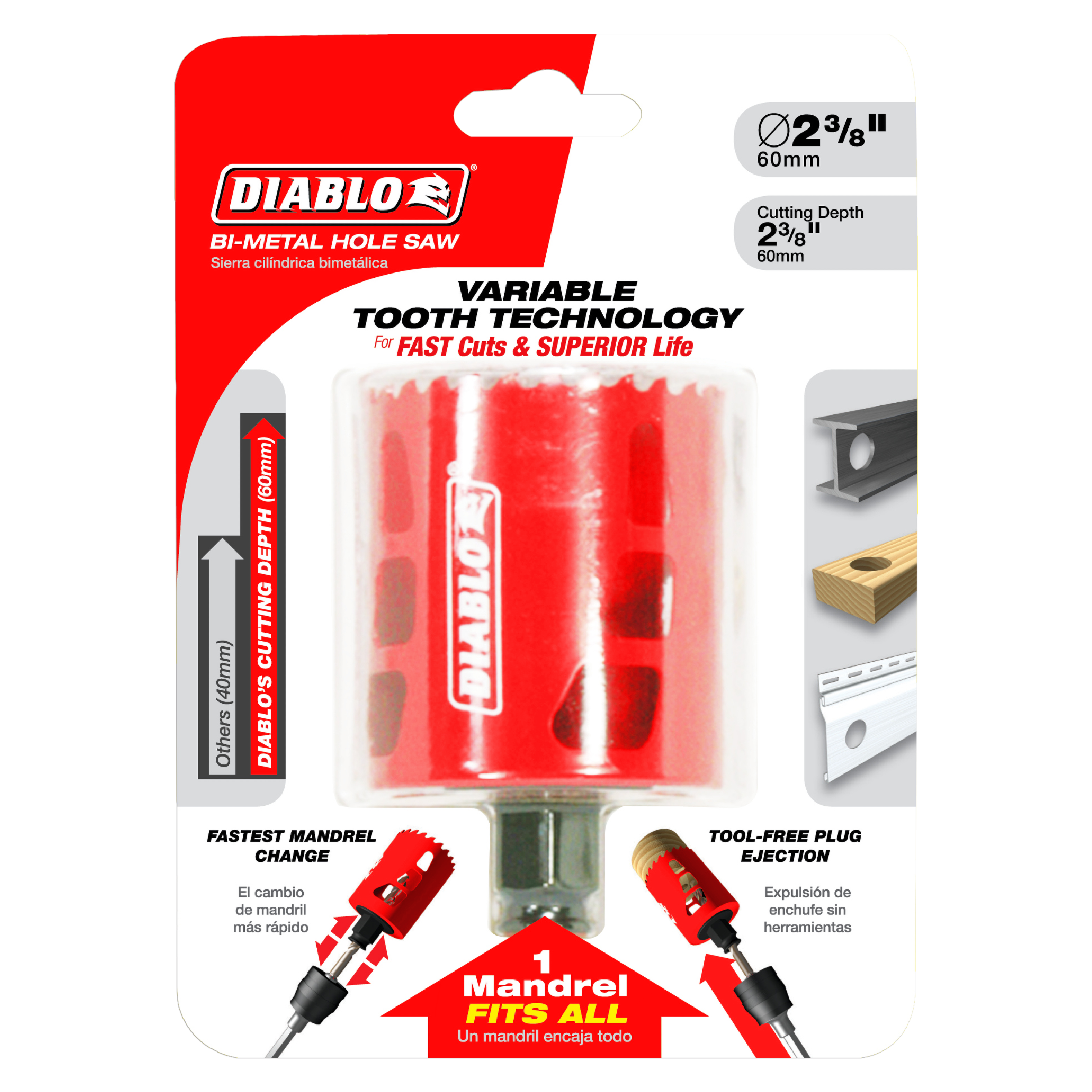Diablo 2-3/8 inch bi-metal hole saw with red housing, variable tooth technology, and tool-free plug ejection system.