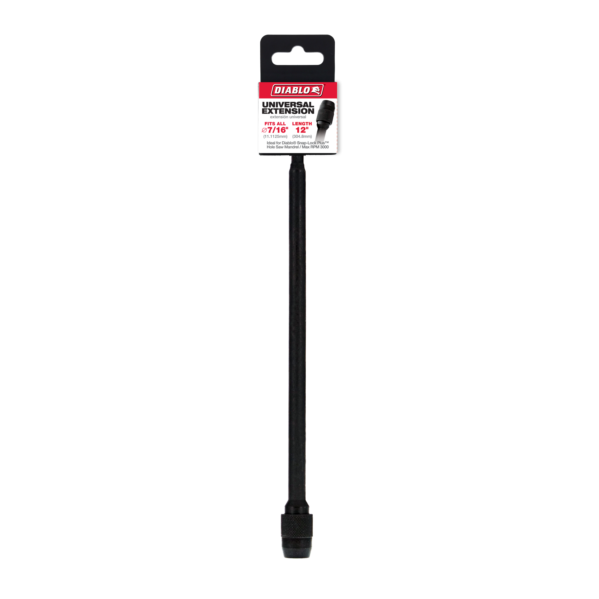 Black Diablo universal extension shaft, 12 inches long with 7/16 inch socket connection and packaging.