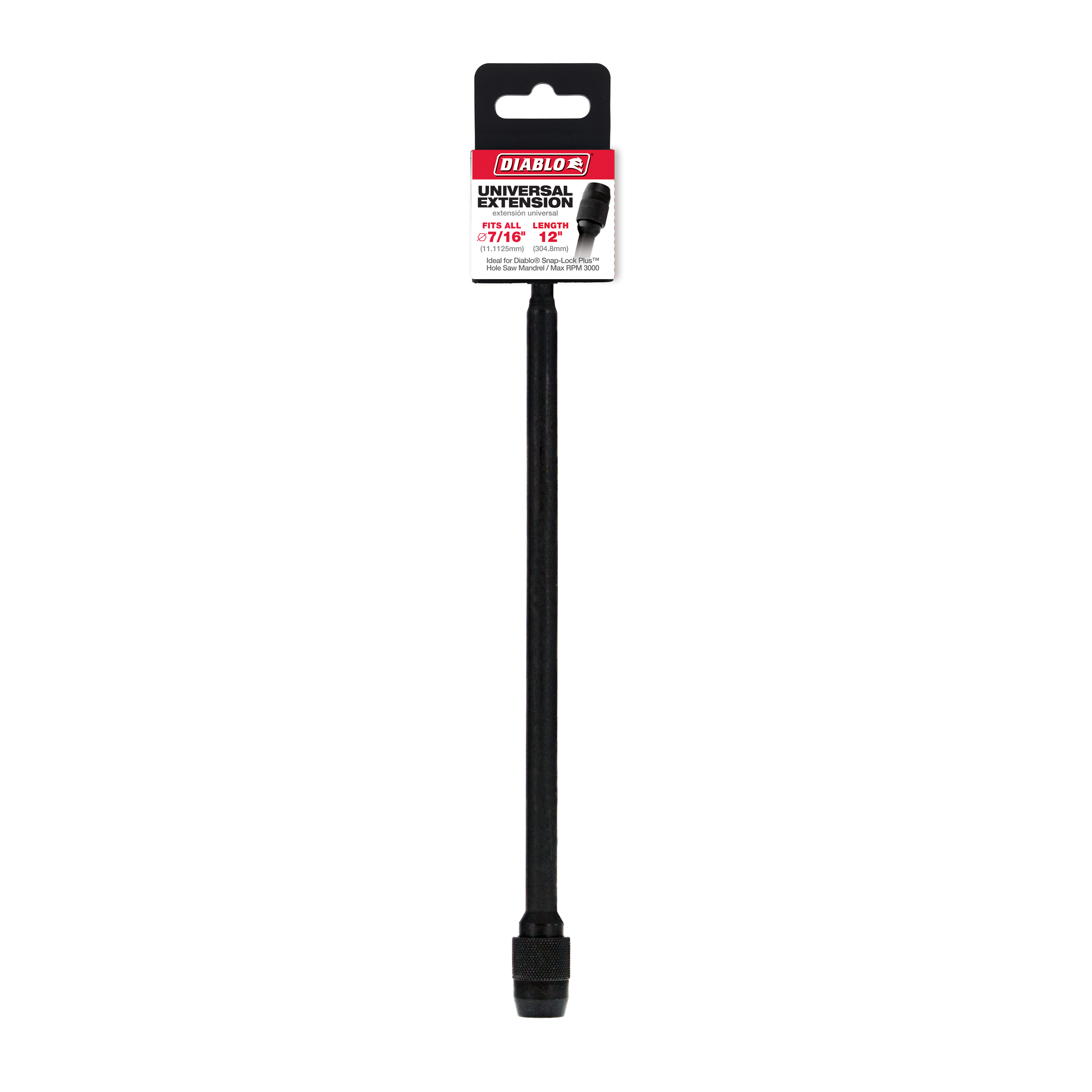 Black Diablo universal extension shaft, 12 inches long with 7/16 inch socket connection and packaging.