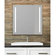 Square lighted mirror with white frame and vertical LED strips on sides, mounted above white sink vanity.