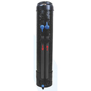 Black cylindrical water filtration tank with blue and red LED indicator lights on front panel.