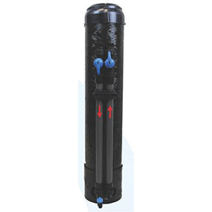 Black cylindrical water filtration tank with blue and red LED indicator lights on front panel.