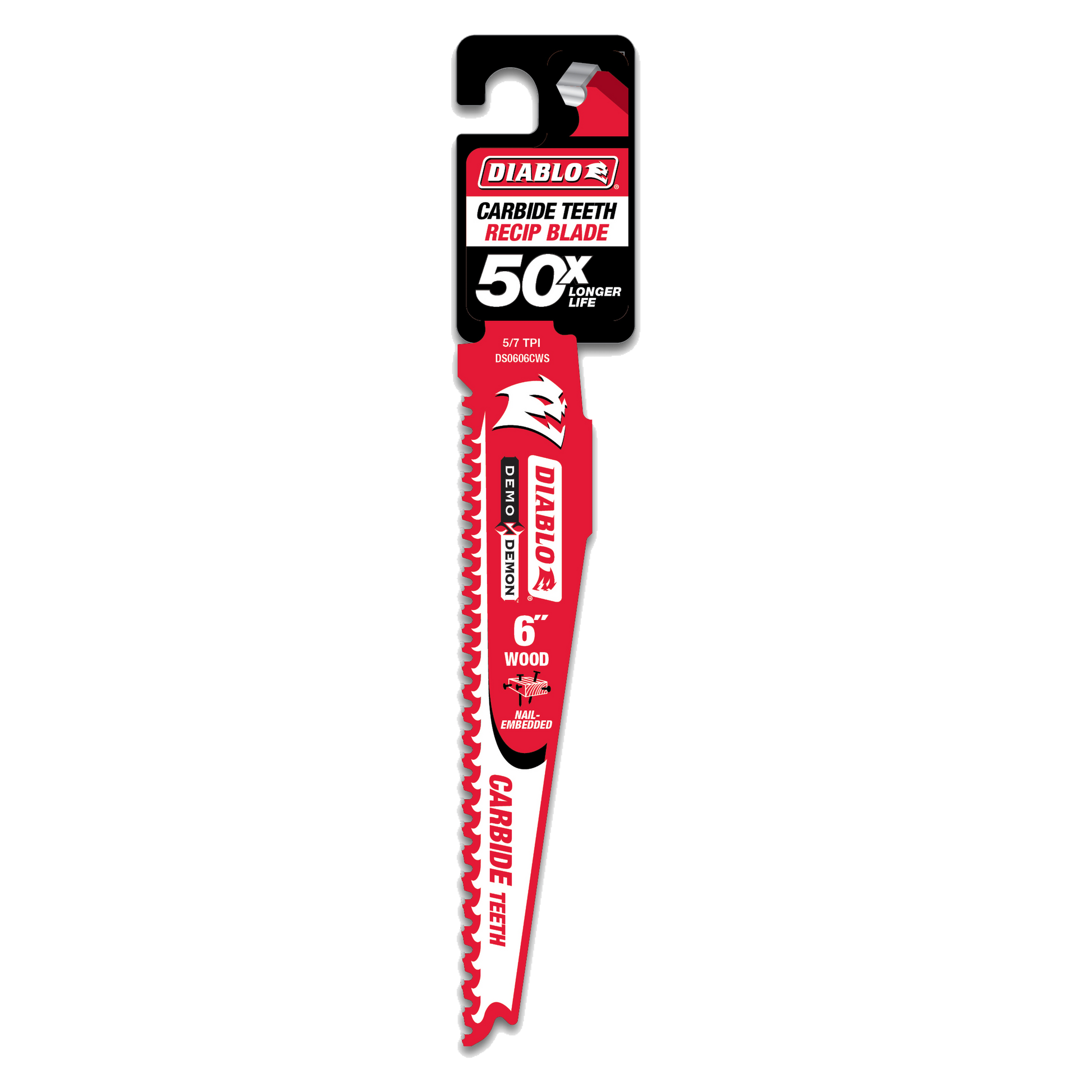 Diablo 6-inch red reciprocating saw blade with carbide teeth and packaging header on white background.