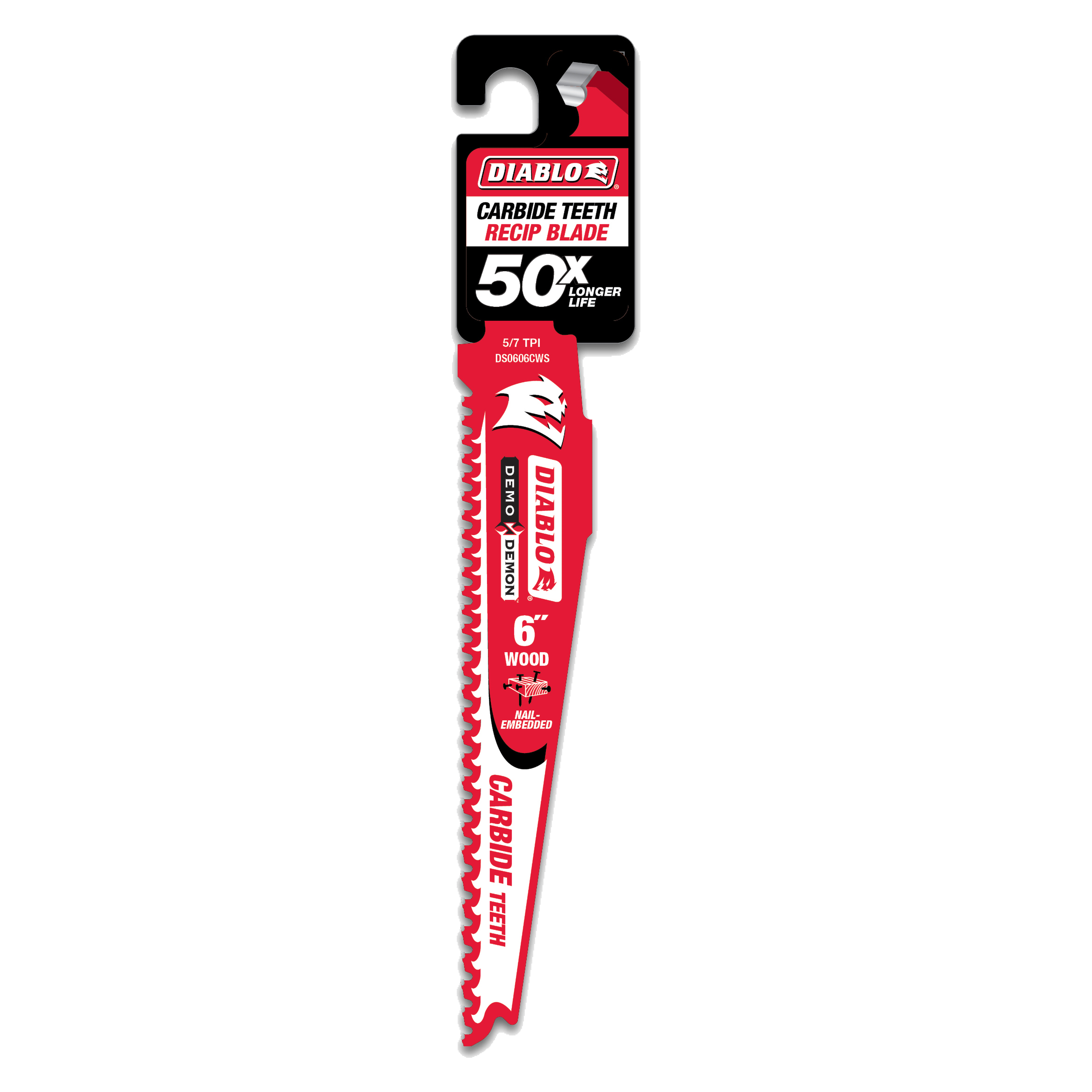 Diablo 6-inch red reciprocating saw blade with carbide teeth and packaging header on white background.