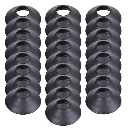Black dome-shaped rain collars with center holes, arranged in three columns of stacked rings.