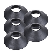Five black dome-shaped rain collars with central openings arranged in a group.