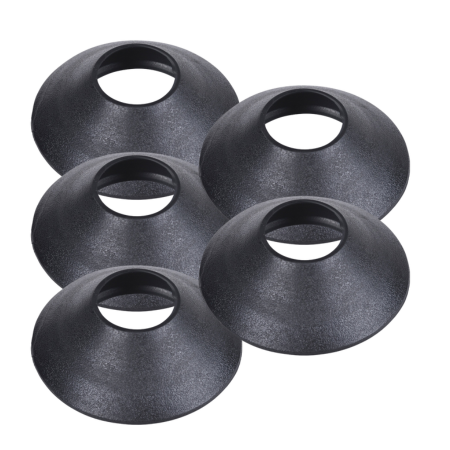 Five black dome-shaped rain collars with central openings arranged in a group.