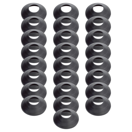 Twenty-five black rubber retrofit roof flashing boots arranged in three columns.