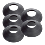 Five black dome-shaped roof flashing boots with oval openings arranged in staggered rows.