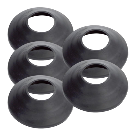 Five black dome-shaped roof flashing boots with oval openings arranged in staggered rows.